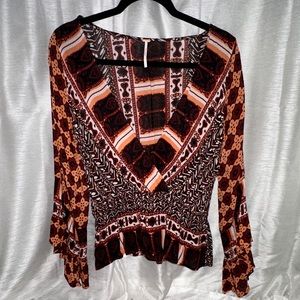 SMALL Free People Open V Slouch/ Open Chest Print Blouse